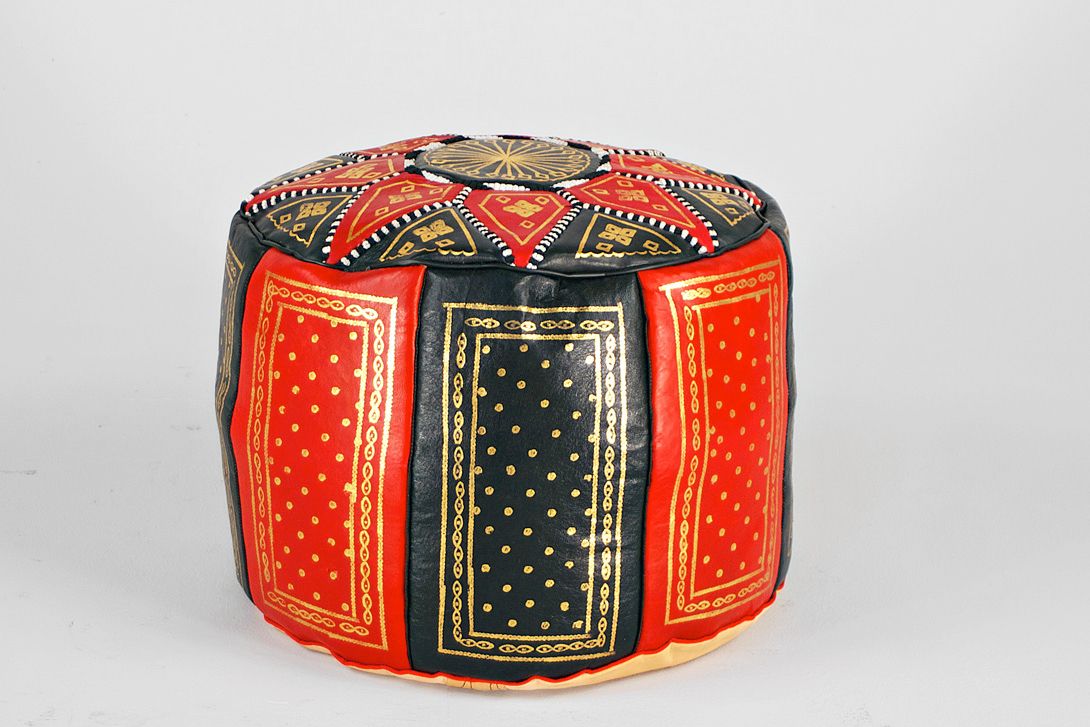 Foto Oriental Leather Floor Seat Cushion, High Version Black and Red with Golden Star Pattern