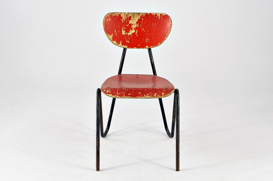 Foto Karl Otto&#8217;s Arno Chair, Varnished Red Wood, Black Steel Tube Frame, 1954