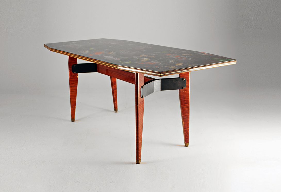 Foto Carlo di Carli Mahogany Table with Murano Glass Top Italy 1956 h76x183x85