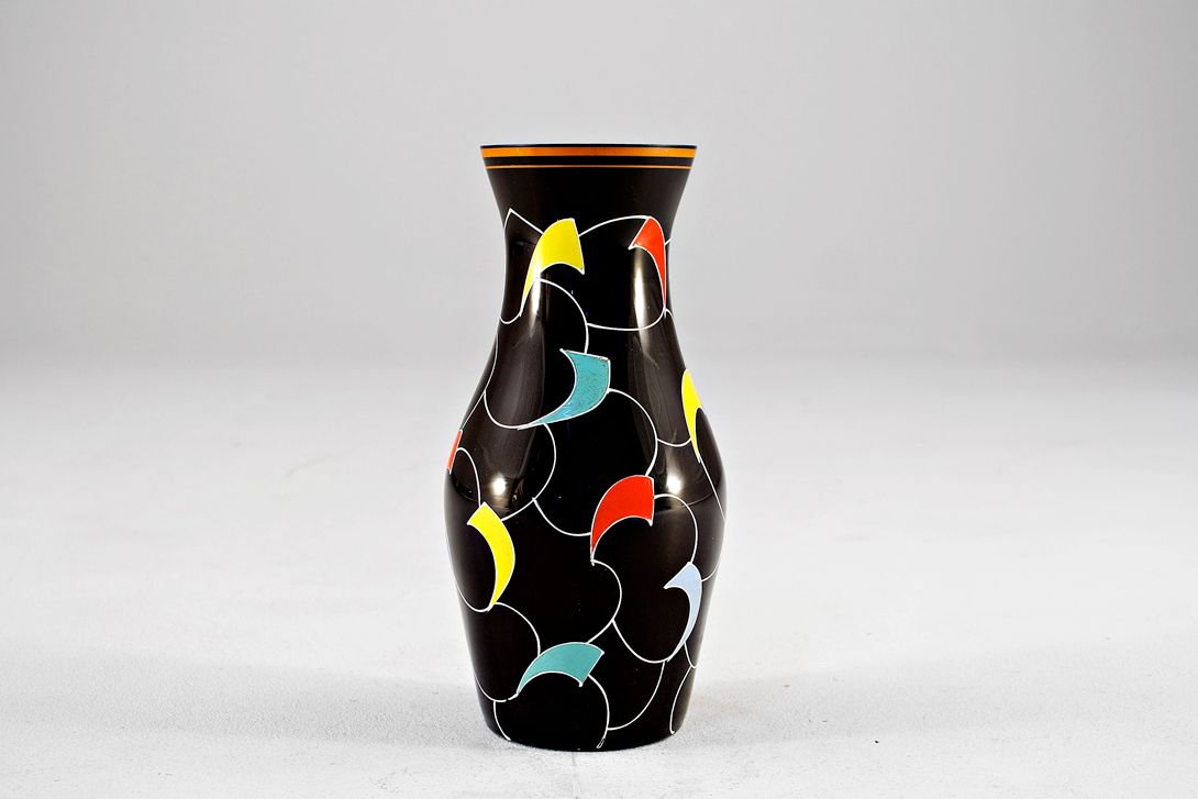 Foto Black Mid Century  Glass Table Vase with Colorful Pattern h30
