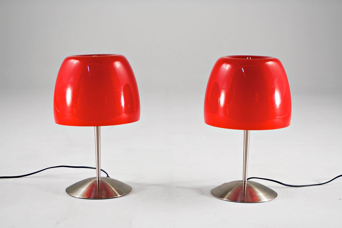 Foto Desk Lamp Alu Base Red Glass Shade 1969 h40