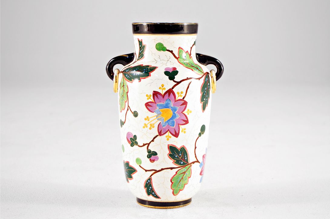 Foto Porcelain Vase, Multicoloured Flowers, Handles &#038; Golden Rings