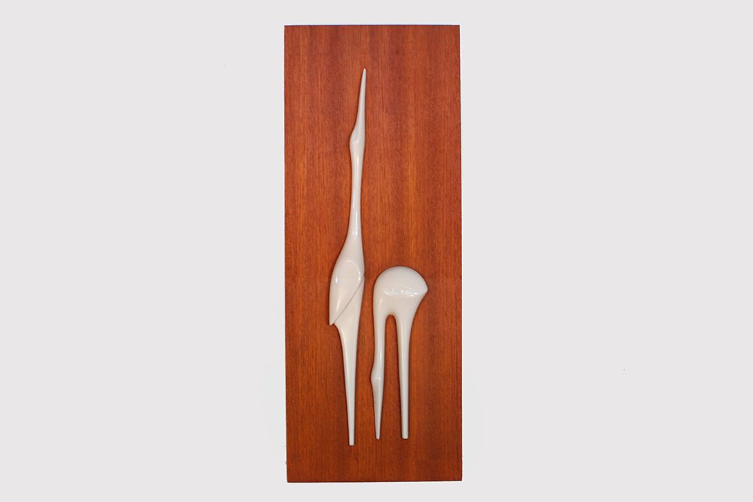 Foto Two Storks Porcelain On Wood Sgrafo Modern 1956 55x21cm 17E4