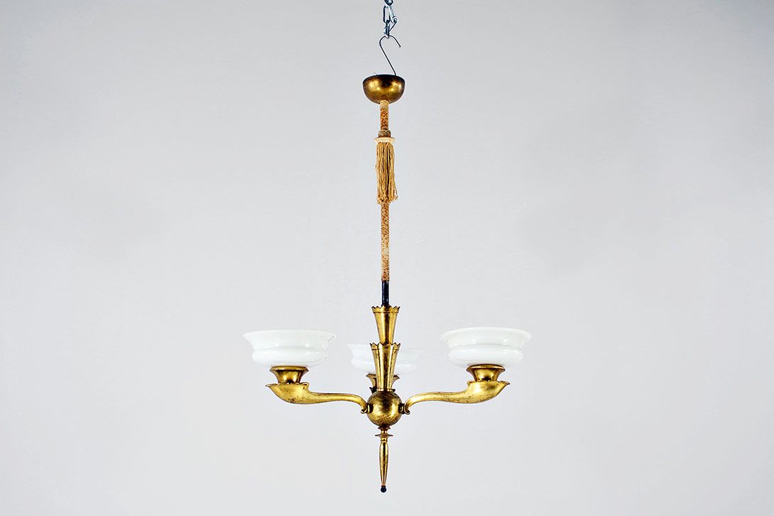 Foto Art Deco Chandelier Brass with Three Lights GDR 1953 h75