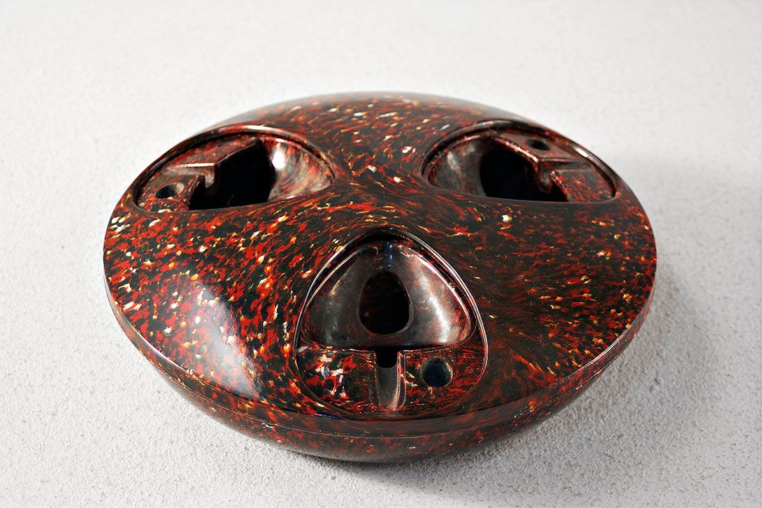 Foto Round, Flat Metal Ashtray, Mid-Century, Speckled in Shades of Brown, Three Closable Drop-Shaped Holes on the Upside