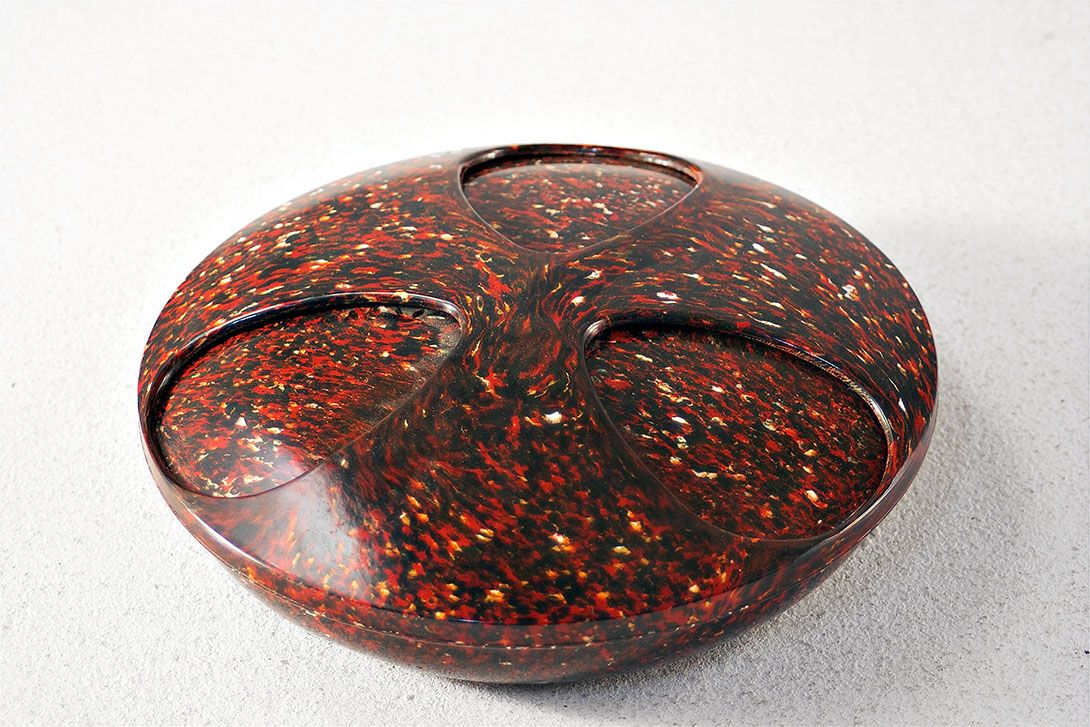 Foto Round, Flat Metal Ashtray, Mid-Century, Speckled in Shades of Brown, Three Closable Drop-Shaped Holes on the Upside