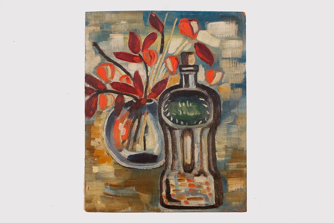 Foto Oil Painting Still Life with Red Bouquet and Bottle 43x35cm 28C8