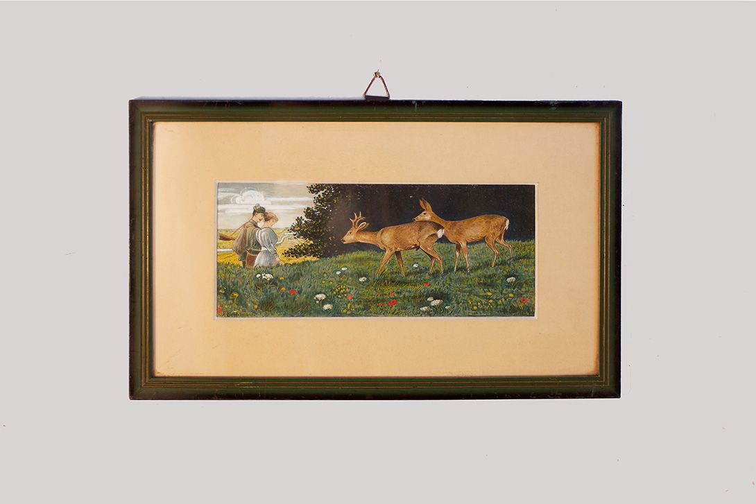 Foto Forest Painting Deer and Strolling Hunter h27x44 24B11