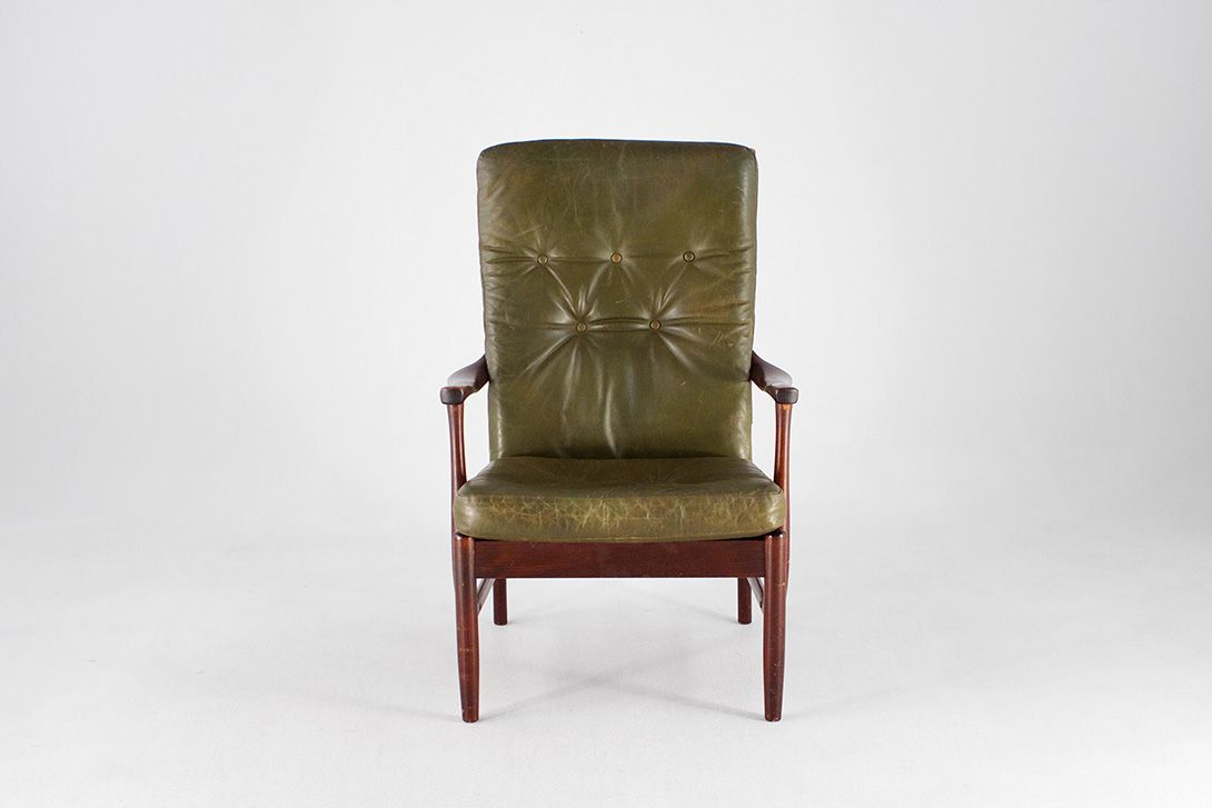Foto Scandinavian Oak Leather Armchair Green 1960