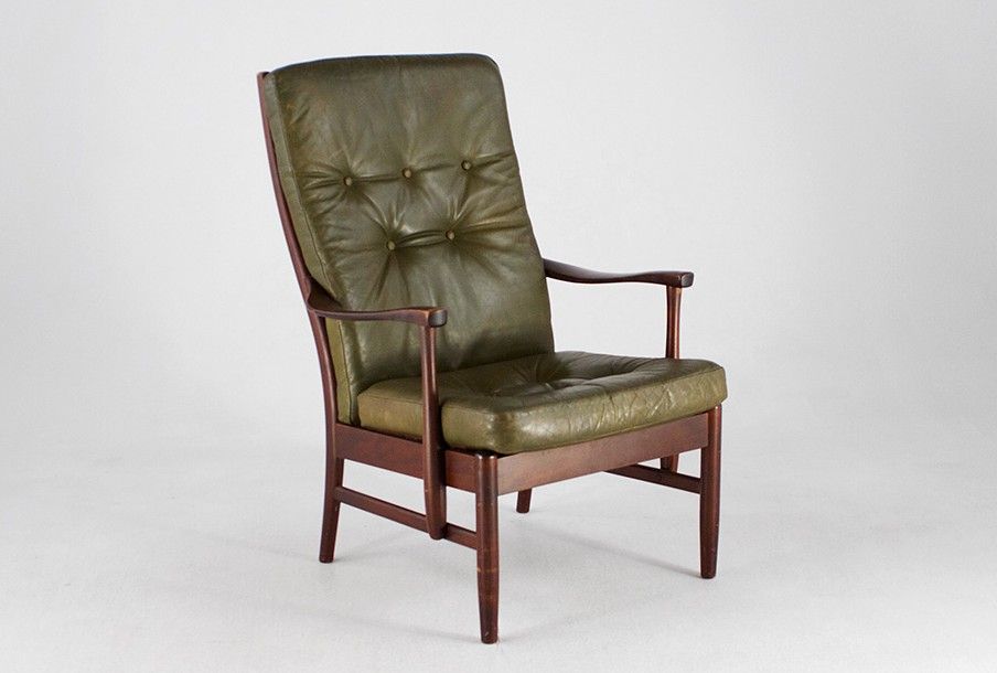 Foto Scandinavian Oak Leather Armchair Green 1960