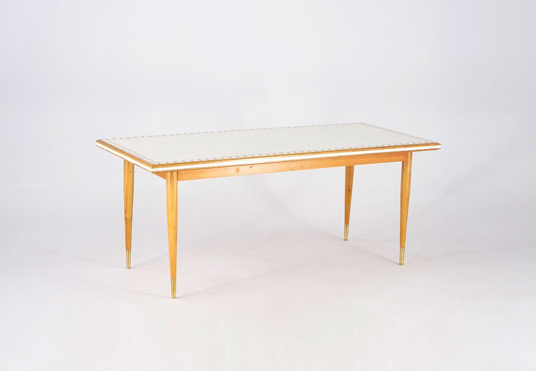 Foto Wooden Mosaic Coffee Table with Brass Feet h54x132x56