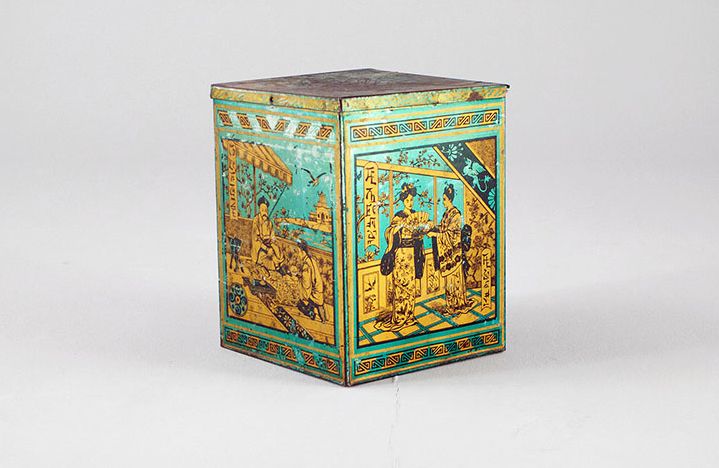 Foto Chinese Tea Tin Can with Turquoise and Golden Traditional Pattern h32 China 1930