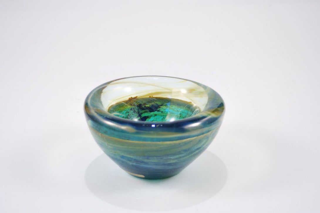Foto Glass Ashtray, Round Bowl Shape, Turquoise/Amber Smokey Decor