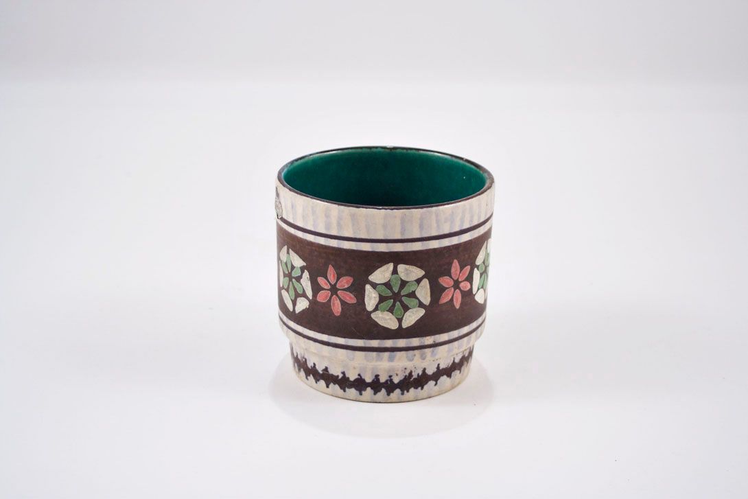 Foto Ceramic Vase / Planter, White/Brown/Turquoise with pink Flowers Germany 1954 h12 A4