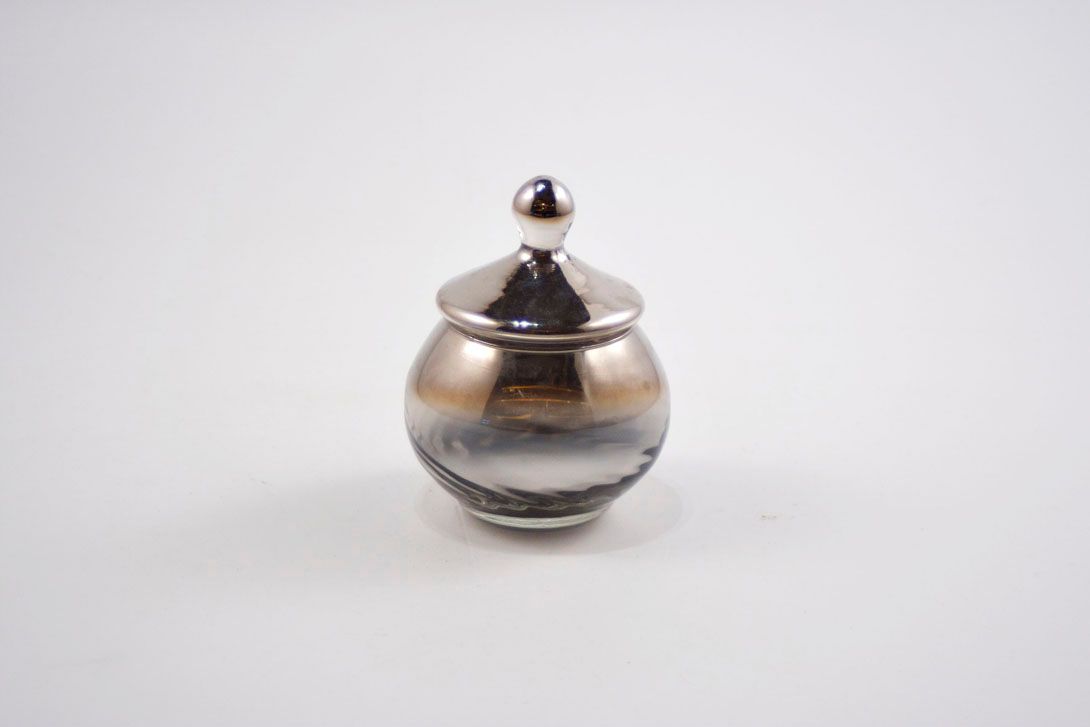 Foto Spherical Lidded Glass Sugar Bowl, Silver Finish, 1969
