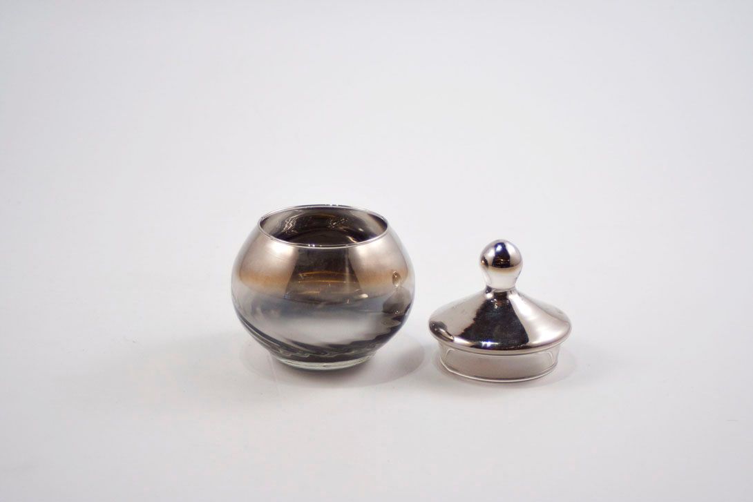 Foto Spherical Lidded Glass Sugar Bowl, Silver Finish, 1969