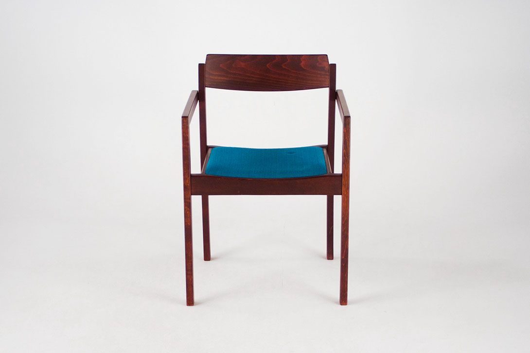 Foto Wooden Armchair with Blue Textile Seat