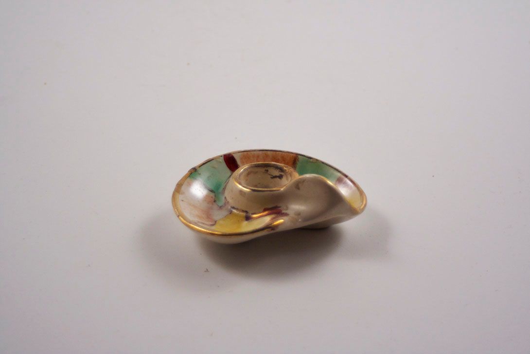 Foto 50&#8217;s Ceramic Candle Holder with Centered Sinkhole, Pale Multicoloured Design, Gold Edge