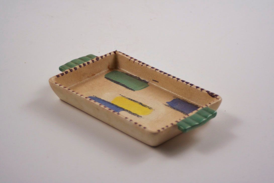Foto Beige Rectangular Ceramic Bowl / Tray with Handles and Yellow and Green Decor, 1958