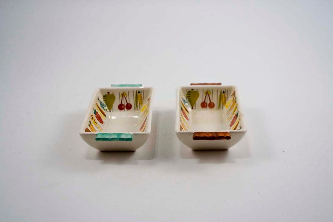 Foto Set of Two Ceramic Bowls, Handpainted Vegetable and Fish Decor, 1953