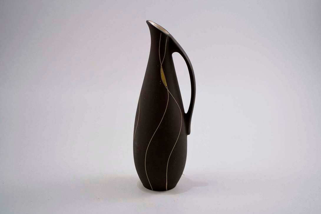 Foto Ceramic Table Vase, Black, Lined, Handle h28 B4