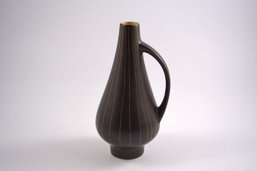 Foto Ceramic Table Vase Jug Brown/ White Lines/ Yellow Inside B4