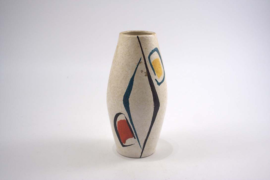 Foto Ceramic Table Vase White Blue Lines Yellow Red Spots h22 B5