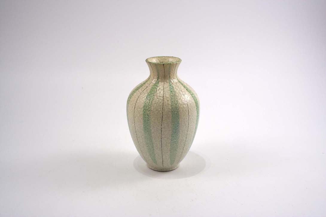 Foto Ceramic Table Vase Beige Rough Green Leaf Decor h17 A4