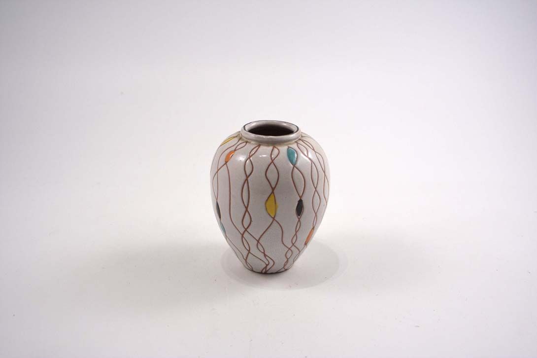 Foto Ceramic Table Vase White Brown Lines Multicolored Spots h12 A5