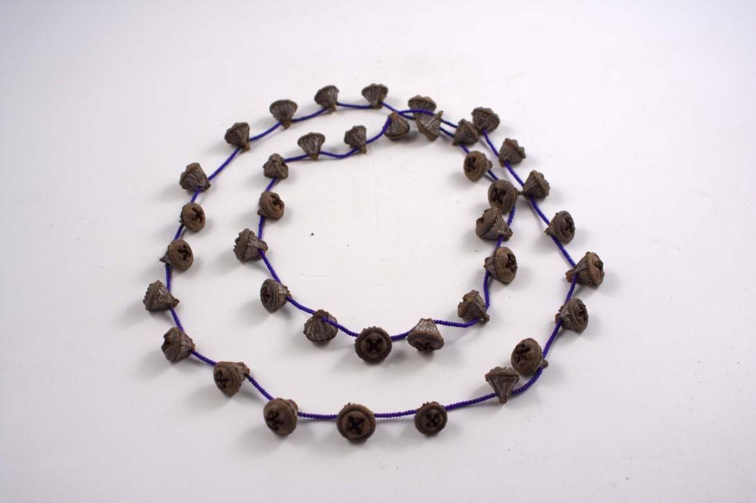 Foto Necklace, Brown Seed Capsules Beads on Blue String