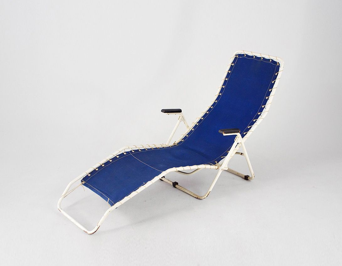 Foto White and Blue Folding Garden Chaise Longue Dutch 1958*