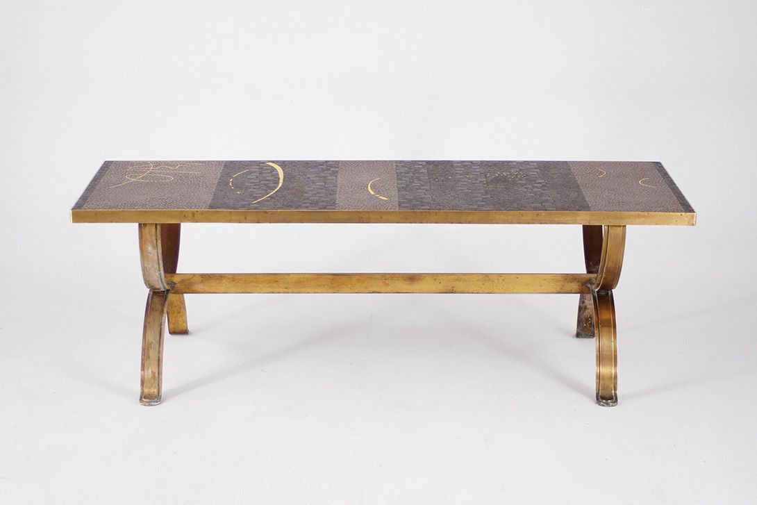 Foto Berthold Müller Brass Coffee Table Mosaic 1950 h46x140x50