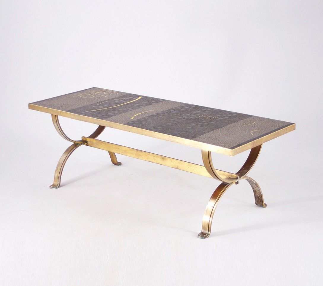 Foto Berthold Müller Brass Coffee Table Mosaic 1950 h46x140x50