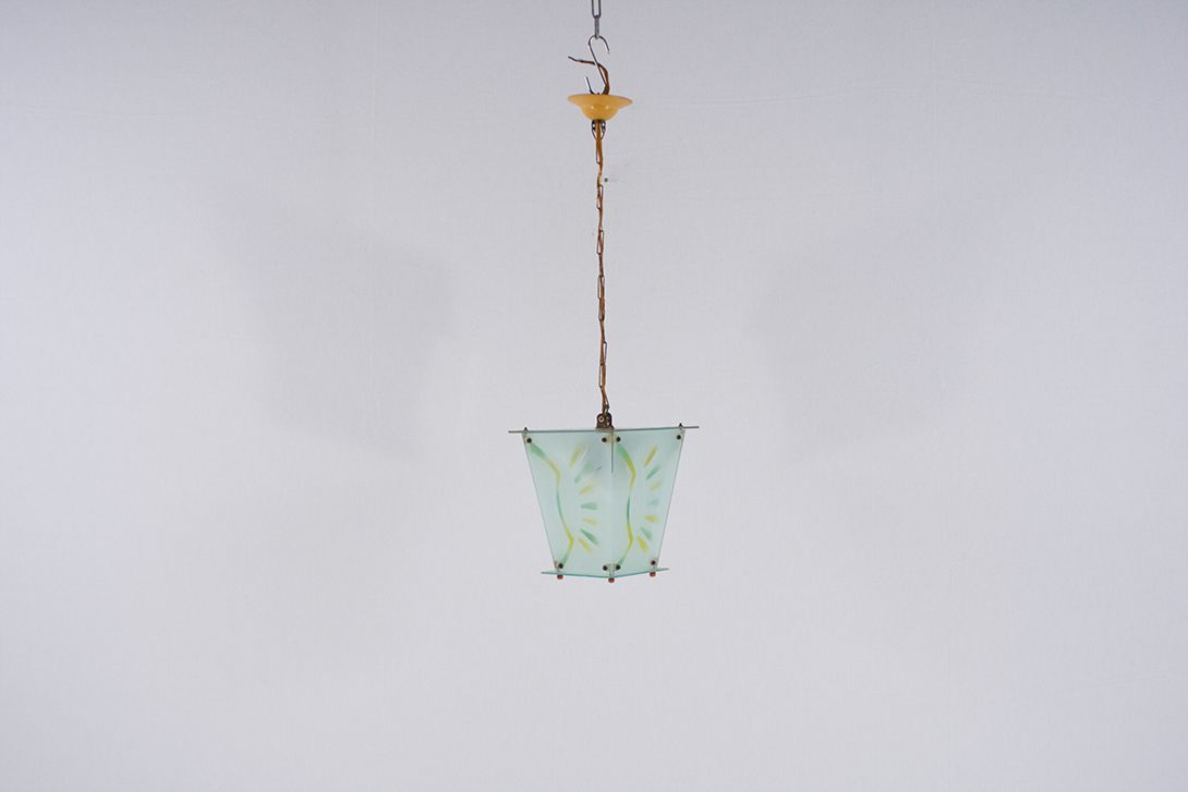 Foto Trapezoidal Glass Pendant Lamp with Yellow And Green Pattern ø21
