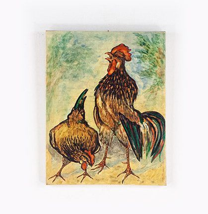 Foto Oil Painting Cock and Chick 1980 h54x42 24D8