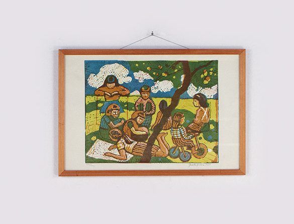 Foto Linocut Playing Children GDR 1974 64x43cm 16D2