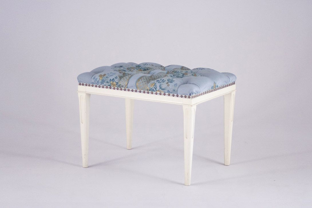 Foto White (Piano) Stool with Blue Flower Patterned Upholstery 1956
