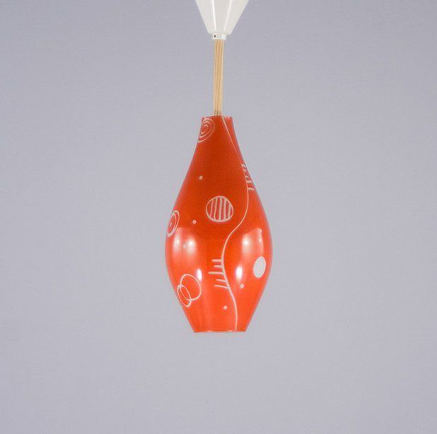 Foto Red Pendant Lamp Glass with Funny Pattern 1954 h54