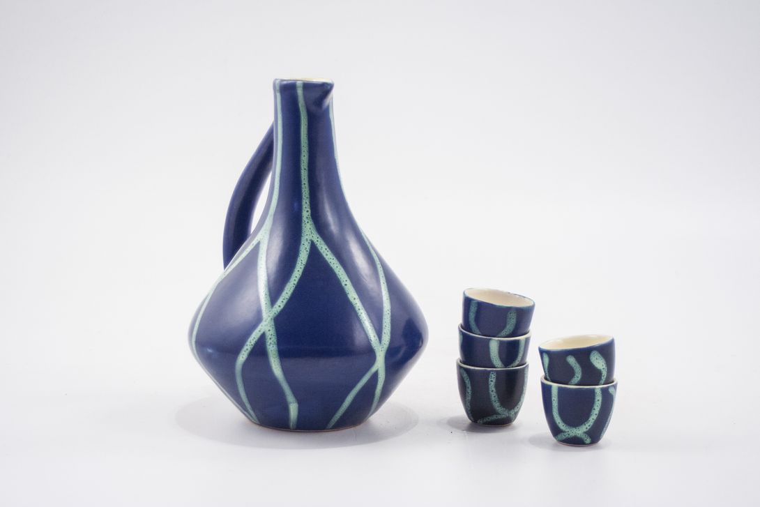 Foto Blue Ceramic Carafe Karlsruhe 1954 h23