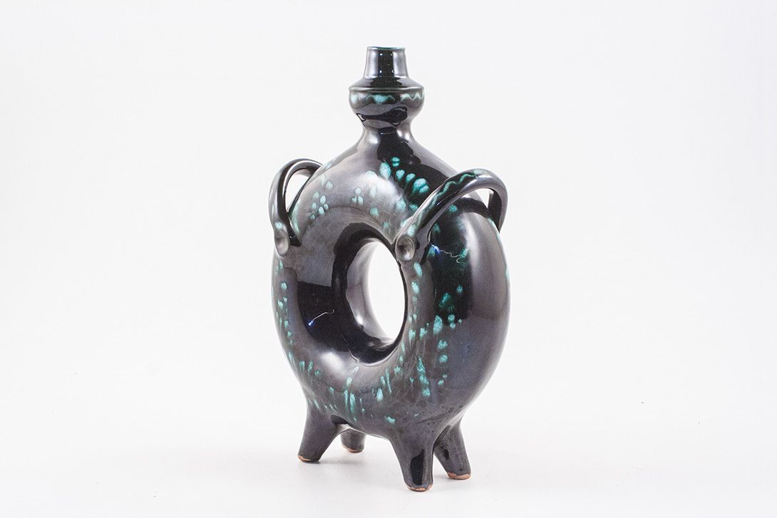 Foto Ring Formed Black Ceramic Vase h28 Prague 1960