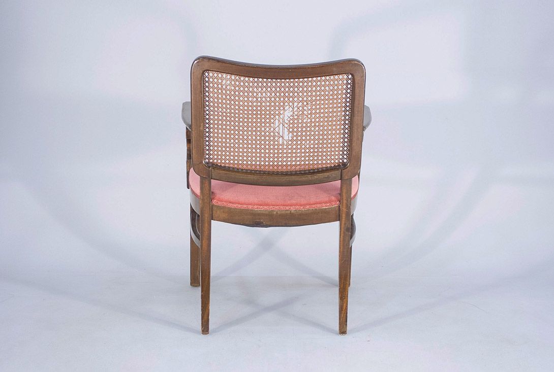 Foto Art Deco Armchair with Double Arch Shaped Armrests and Plaited Basket Backrest