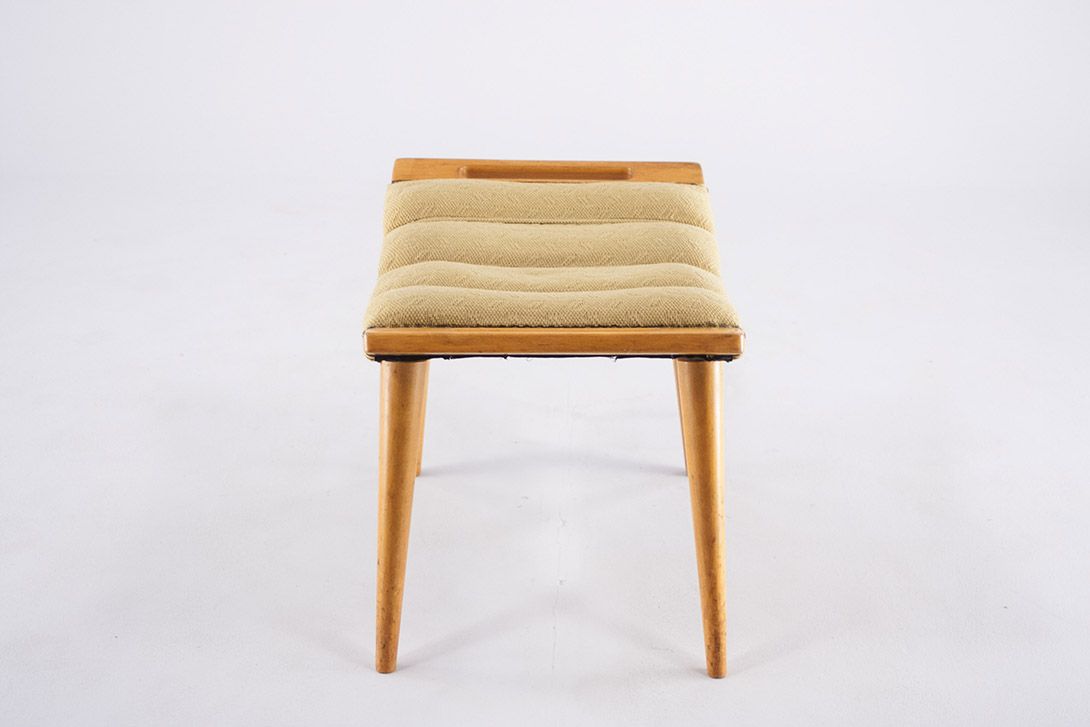 Foto Arched Stool or Ottoman with 4-Bulged Upholstered Seat and Wooden Side Handles 1952