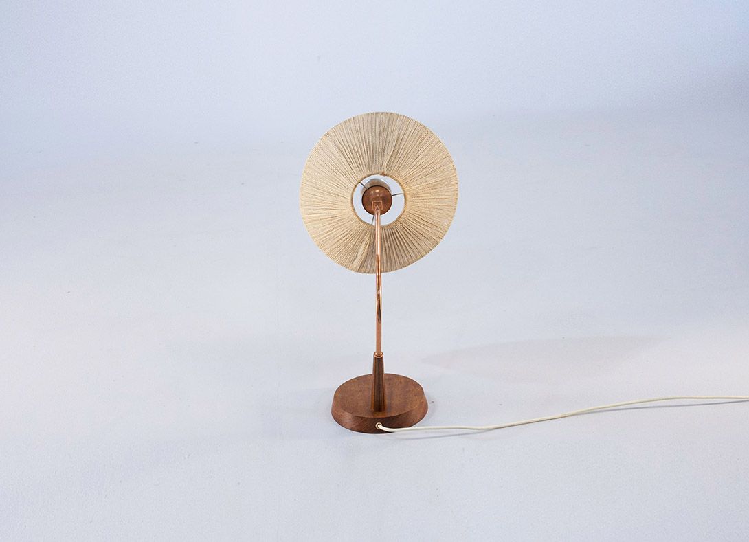 Foto Temde Wooden Table Lamp with Wire Shade and Copper Statics 1956 ​h52