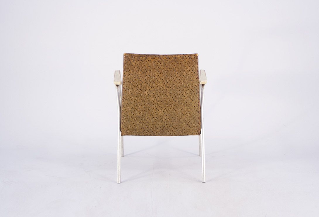 Foto Dark Brown Upholstered Chair with Aluminium Tube Frame and Wooden Armrests, 1969