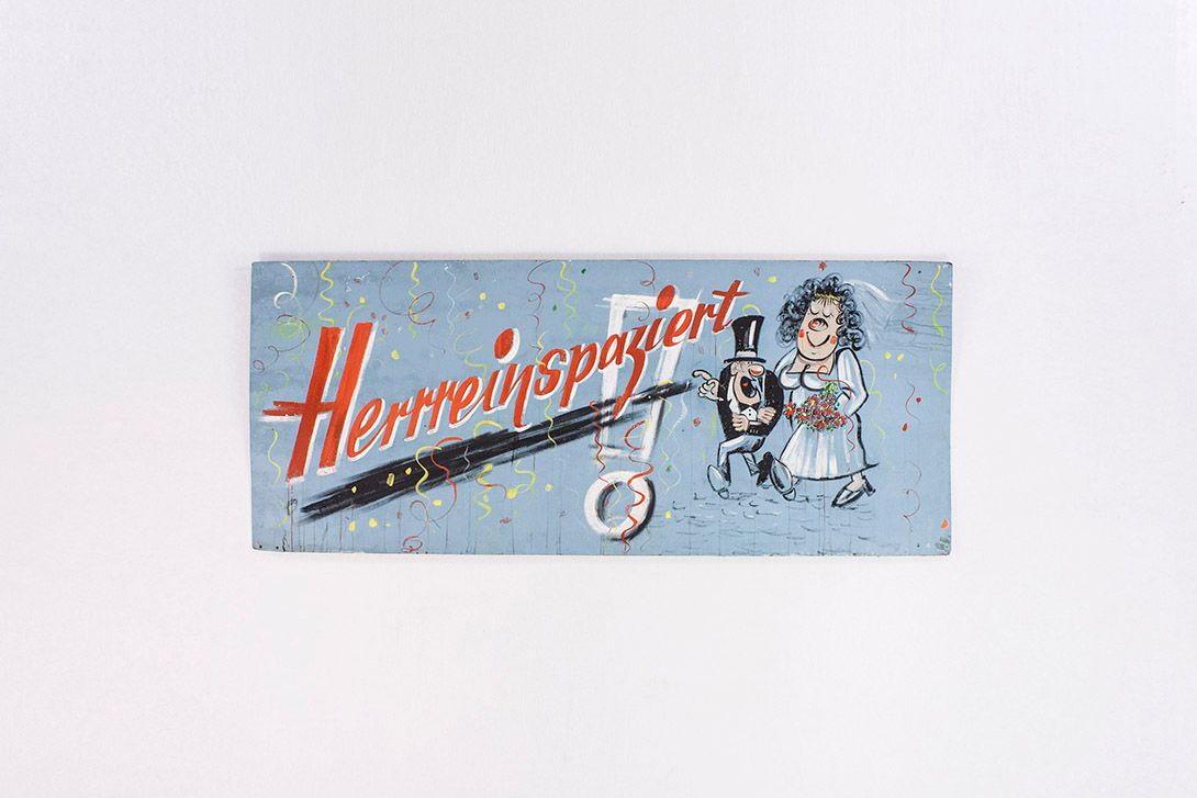 Foto Painting of a Bridal Couple with The Heading Herrreinspaziert, h93x220, 2A1