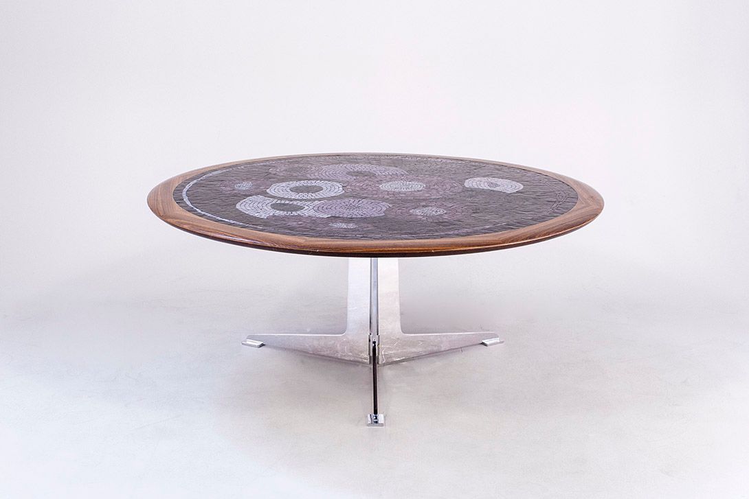Foto Round Berthold Müller Coffee Table with Mosaic Top and Stainless Steel Base 1960 h50x120x40