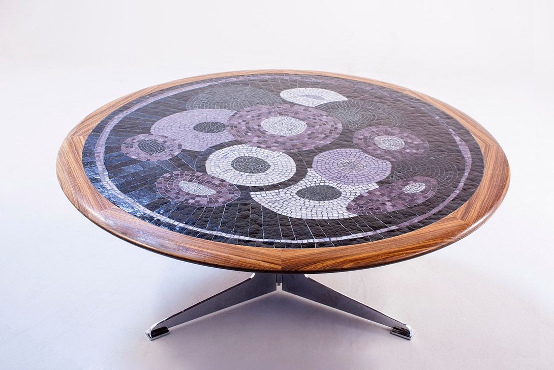 Foto Round Berthold Müller Coffee Table with Mosaic Top and Stainless Steel Base 1960 h50x120x40