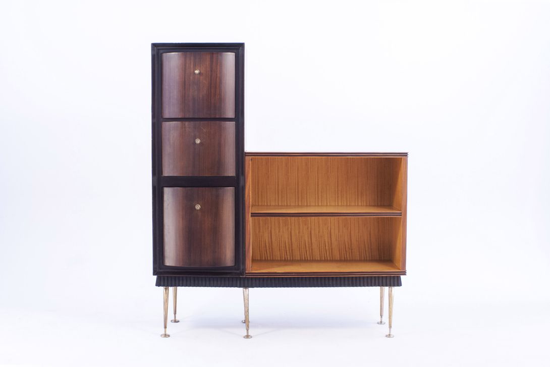 Foto Wooden Bar Cabinet with Rotatable Drawers and Mirror Mosaic Inside Italy 1958