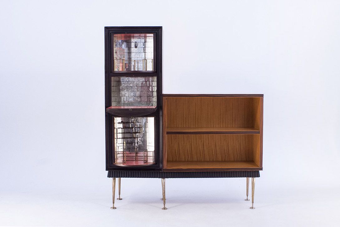 Foto Wooden Bar Cabinet with Rotatable Drawers and Mirror Mosaic Inside Italy 1958