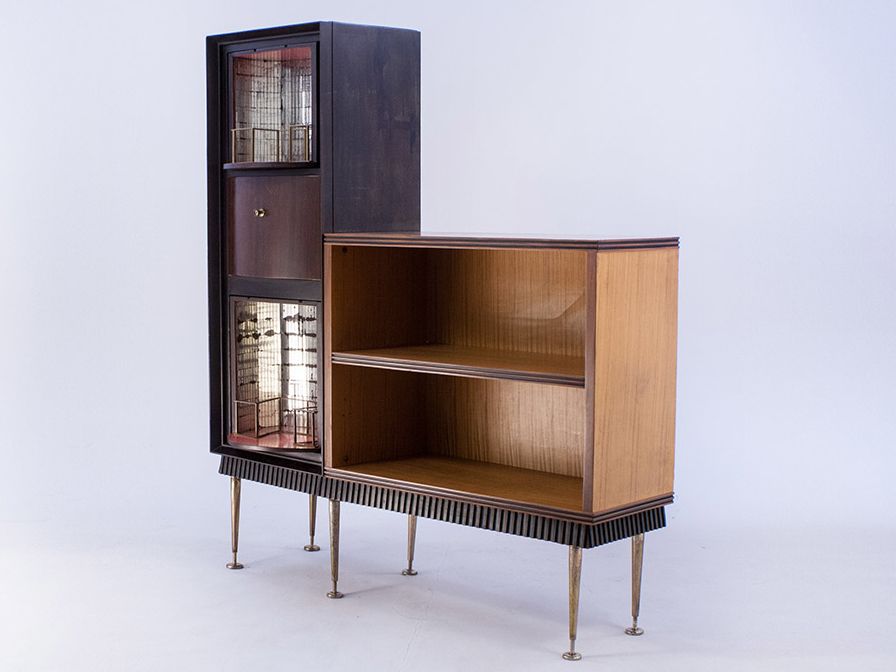 Foto Wooden Bar Cabinet with Rotatable Drawers and Mirror Mosaic Inside Italy 1958